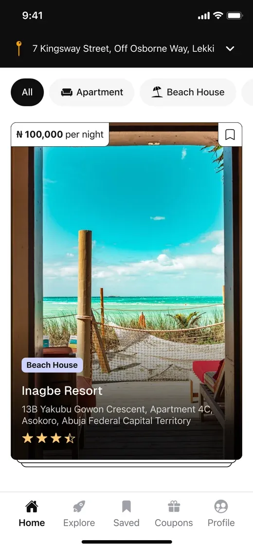 Alcazar mobile app showing a beach house