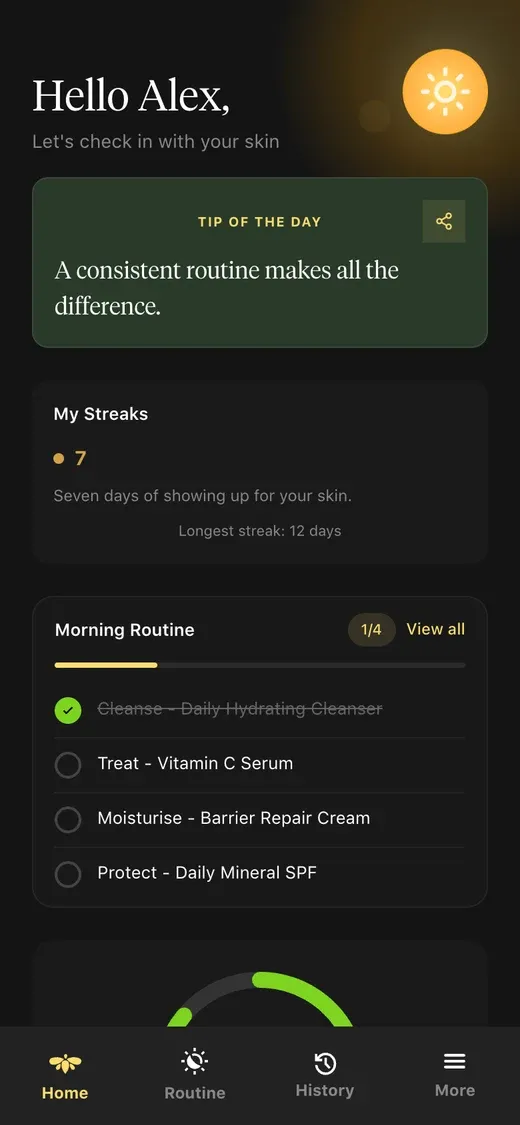 Beeva mobile app with a daily skincare routine and sample data