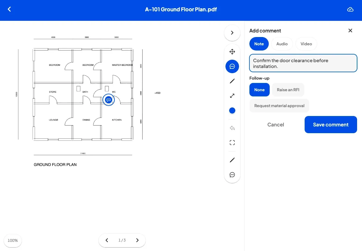 BuildPanda tablet plan review with a floor plan, markup tools, and a site note using sample data