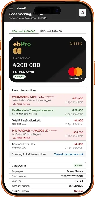 ebPro employee portal on mobile with sample card balances and transactions
