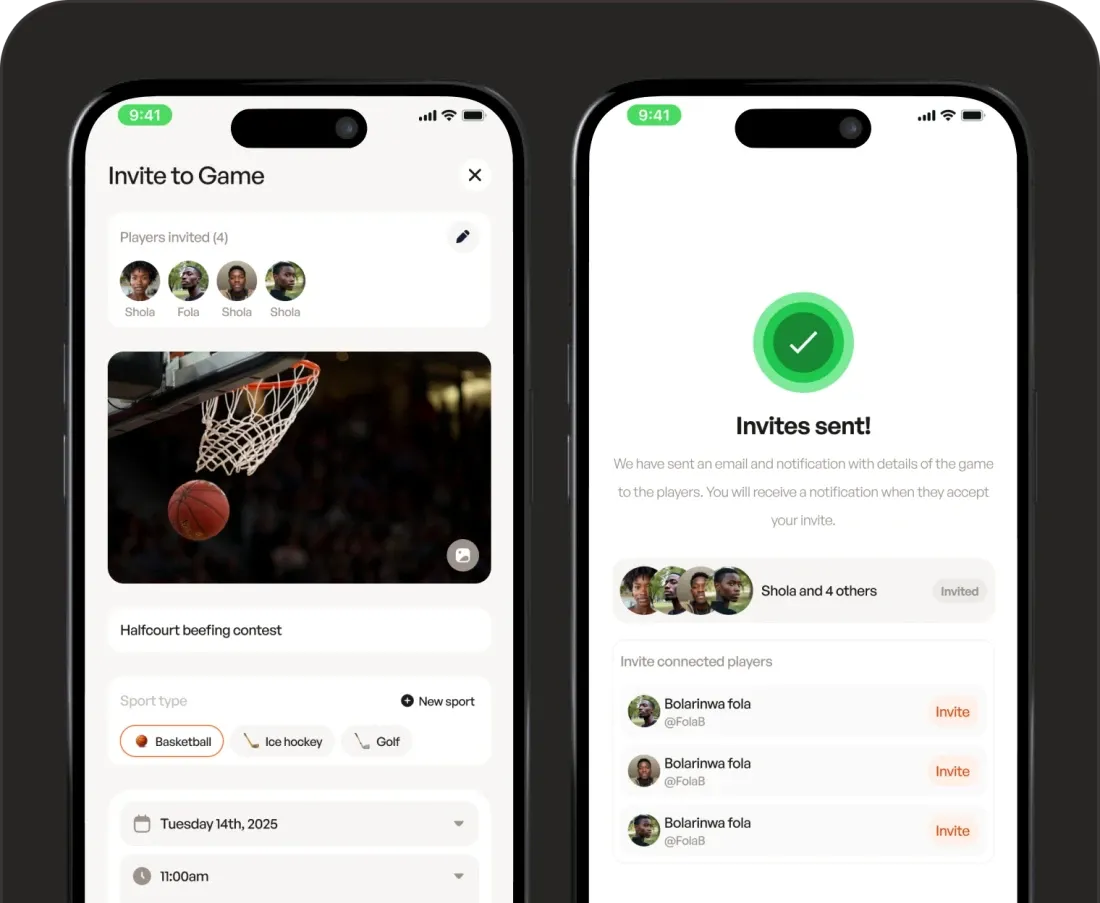 SportMe mobile app showing game invitations and player connections